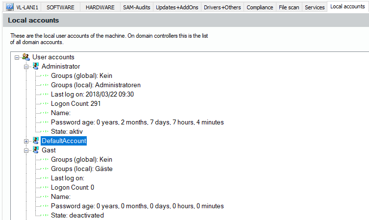 Lan-Inspector 12 screenshot for Computer Object: Local Accounts