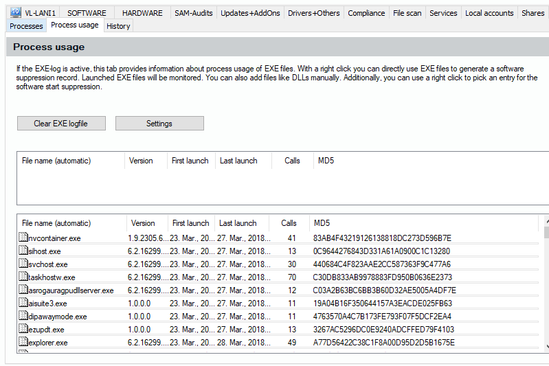 Lan-Inspector 12 screenshot for Computer Object: Process Usage / Executables