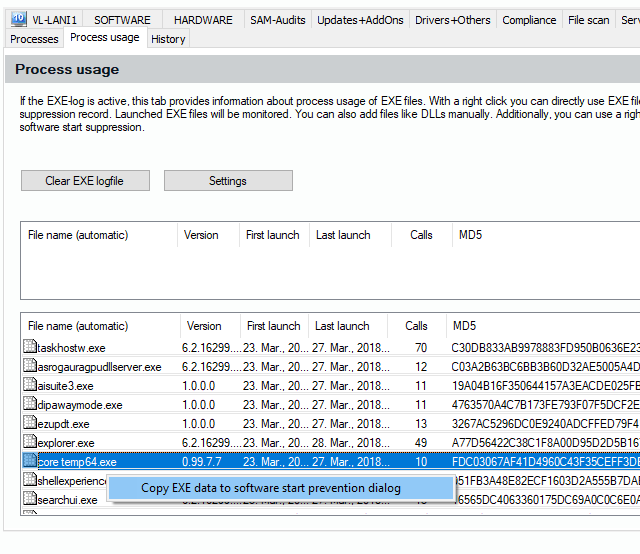 Lan-Inspector 12 screenshot for Create an EXE Entry for Software Start Prevention