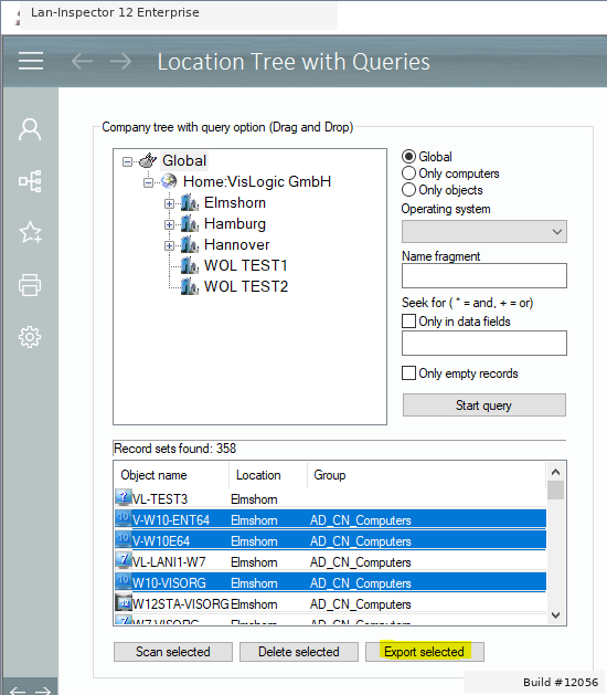 Lan-Inspector 12 screenshot for CSV-Export: Location Tree with Queries