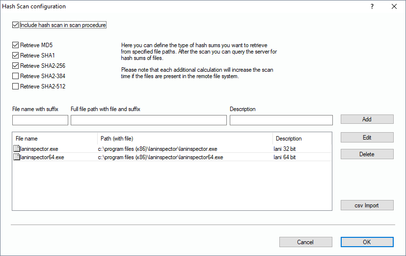 Lan-Inspector 12 screenshot for Hash Scan Configuration